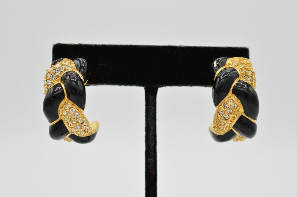 Swarovski Vintage Gold Black Enamel Rhinestone Crystal Earrings Swan Signed BnS